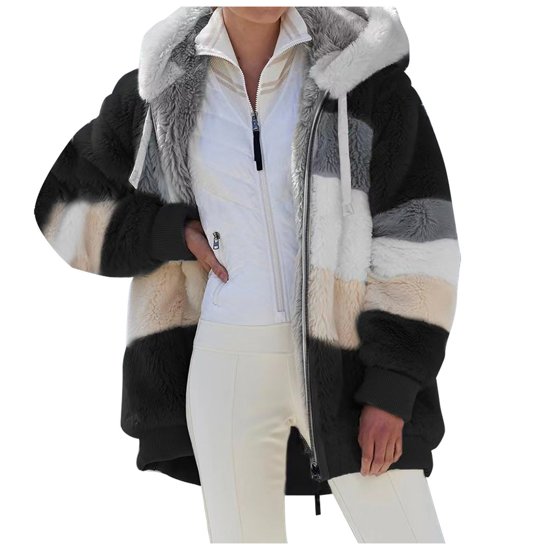 Women's oversized padded faux fur jacket with hood, block stripes and ribbed cuffs Mune Fashion