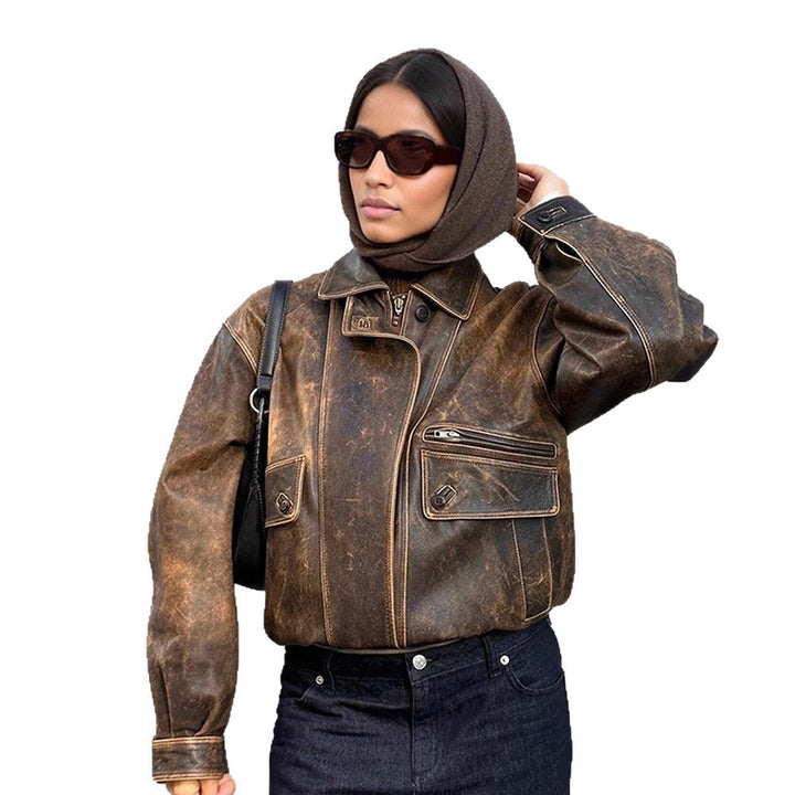 Women Vintage-inspired Oversized Leather Bomber Jacket with Used Look Mune Fashion
