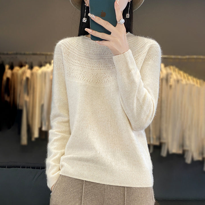 Ladies Soft Ajour-Yoke Round Neck Sweater in Cashmere-Look Fine Knit Mune Fashion
