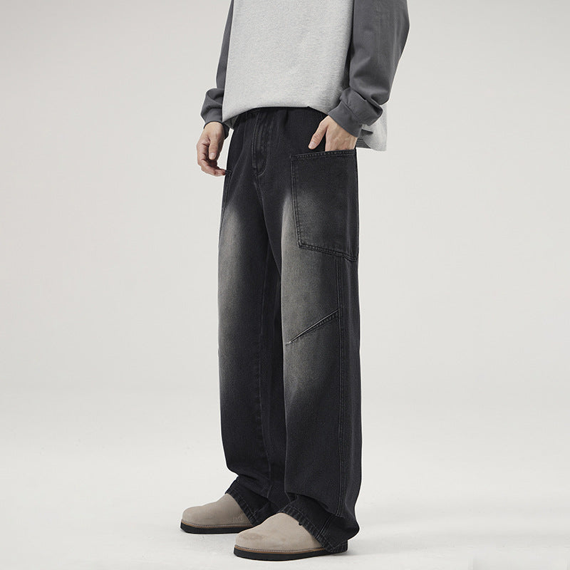 Men's Ultra-Wide Stonewashed Denim Palazzo Cargo Pants with Large Patch Pockets Mune Fashion