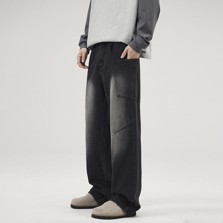 Men's Ultra-Wide Stonewashed Denim Palazzo Cargo Pants with Large Patch Pockets Mune Fashion