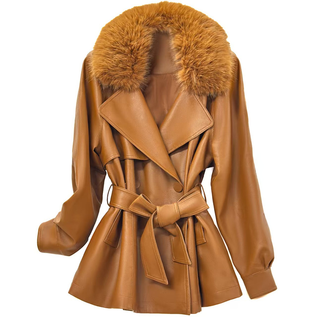 Ladies short coat made of faux leather with removable faux fur collar and waist belt Mune Fashion