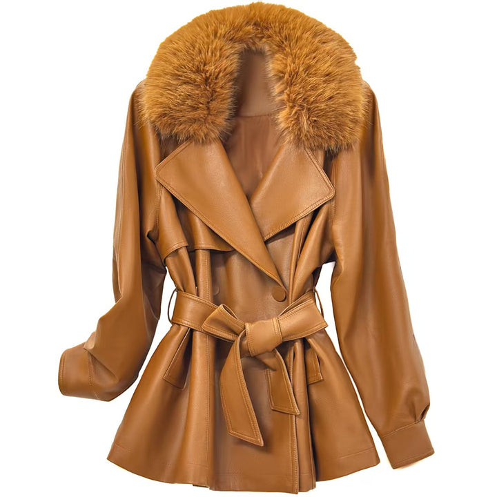 Ladies short coat made of faux leather with removable faux fur collar and waist belt Mune Fashion