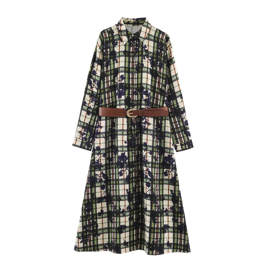 Women's shirt dress with checkered pattern and floral print including a fitted belt Mune Fashion