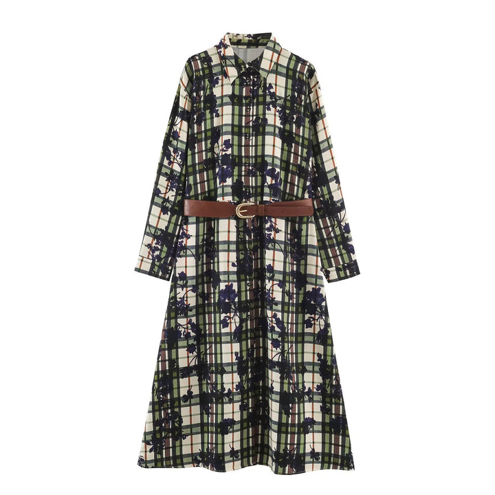 Women's shirt dress with checkered pattern and floral print including a fitted belt Mune Fashion