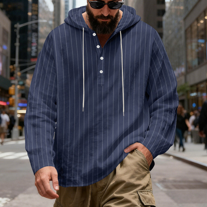 Men's Lightweight Hoodie Henley Shirt with Fine Pinstripes Mune Fashion