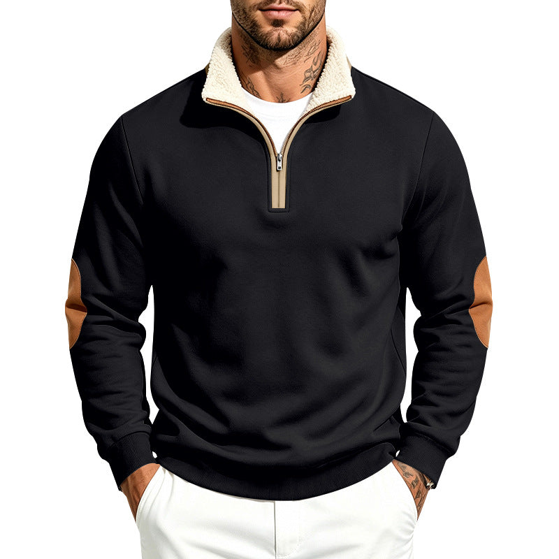 Men's Troyer Half-Zip Pullover with Teddy Fleece Lining, Faux Leather Elbow Patches and Stand-Up Collar Mune Fashion