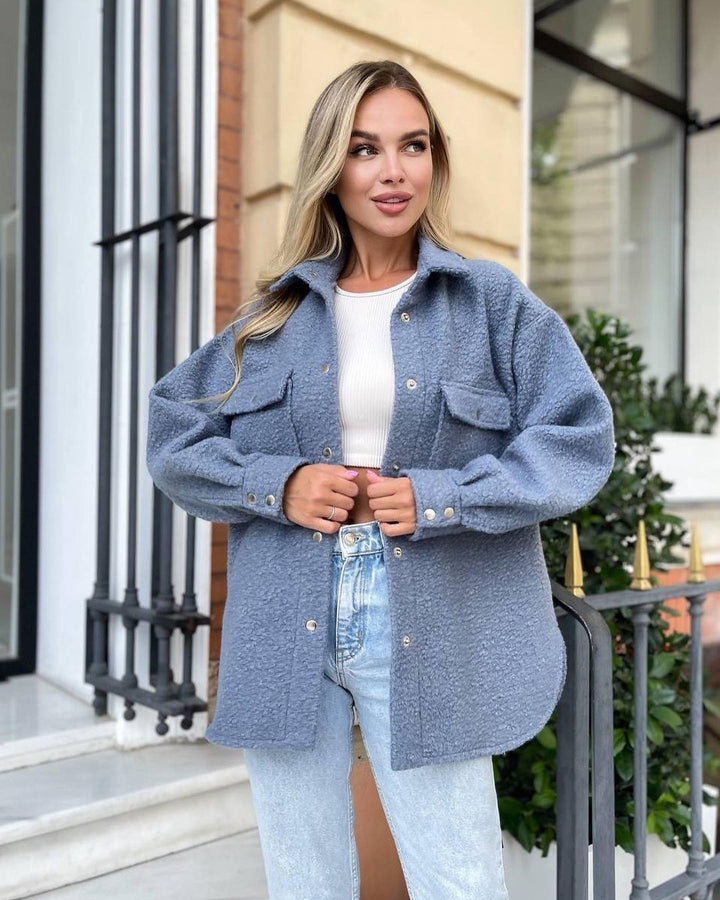Women's Oversized Teddy Transitional Jacket with Chest Pockets and Snap Buttons Mune Fashion
