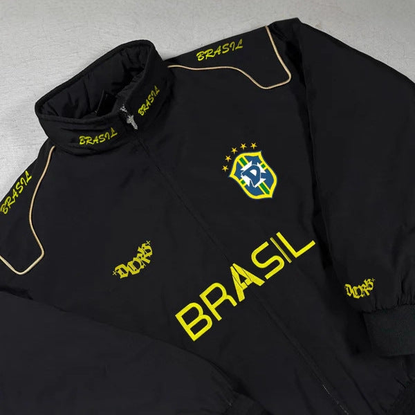 Unisex nan sporty retro training jacket with stand collar zipper chest emblem and Brazil lettering Mune Fashion