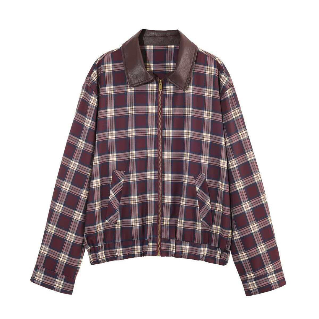 Women checked bomber jacket with faux leather collar, zipper and elastic hem Mune Fashion