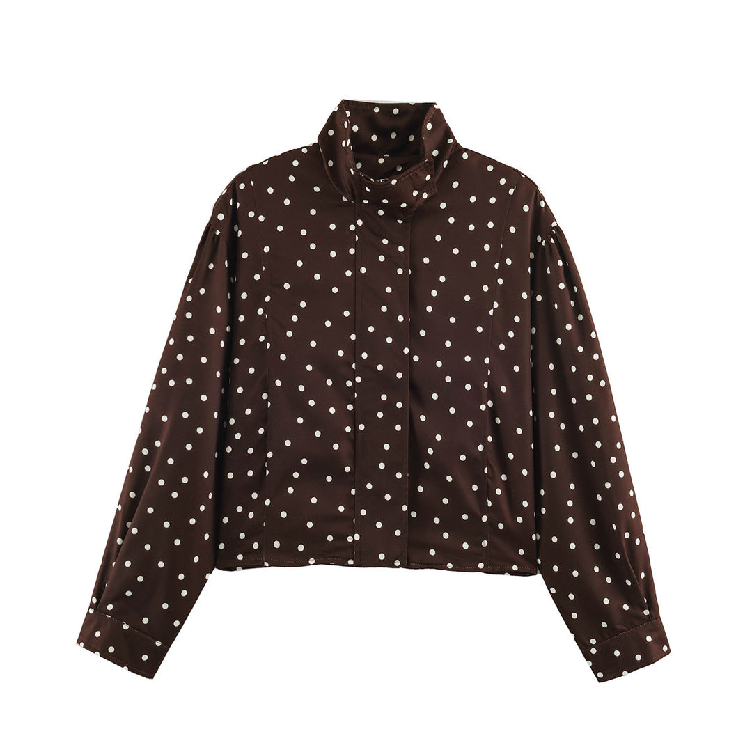 Women's Polka Dot Cropped Blouse with Stand Collar and Concealed Button Placket Mune Fashion