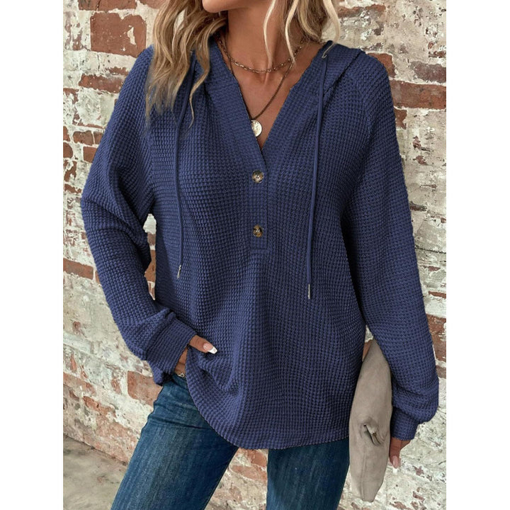 Women Waffle Knit Hoodie with Henley Button Placket and Oversized Cut Mune Fashion
