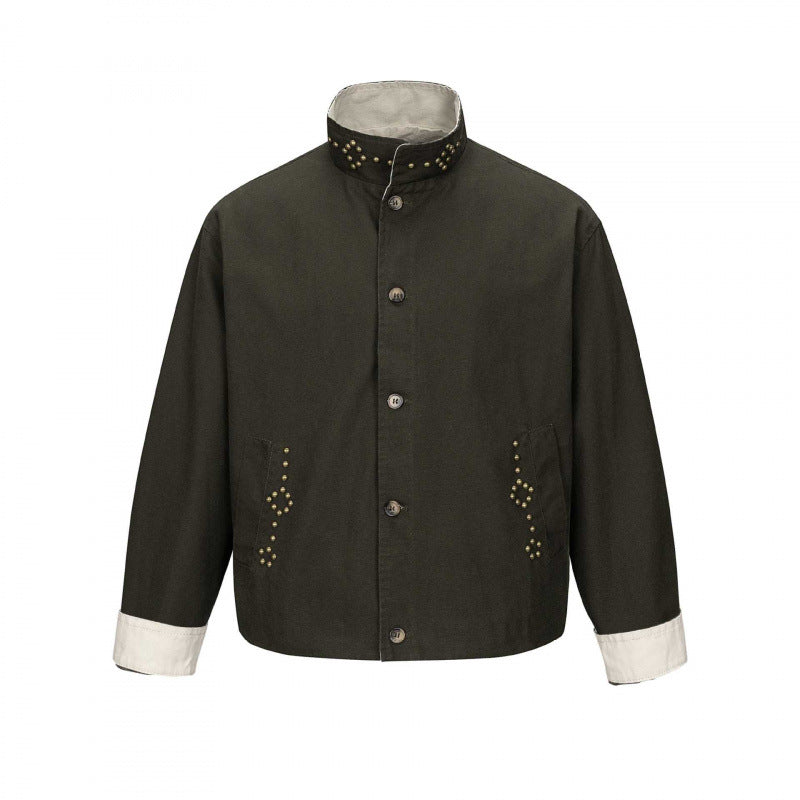 Men's short cut boxy canvas jacket with studded detail and stand-up collar Mune Fashion