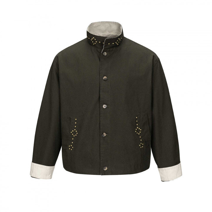 Men's short cut boxy canvas jacket with studded detail and stand-up collar Mune Fashion