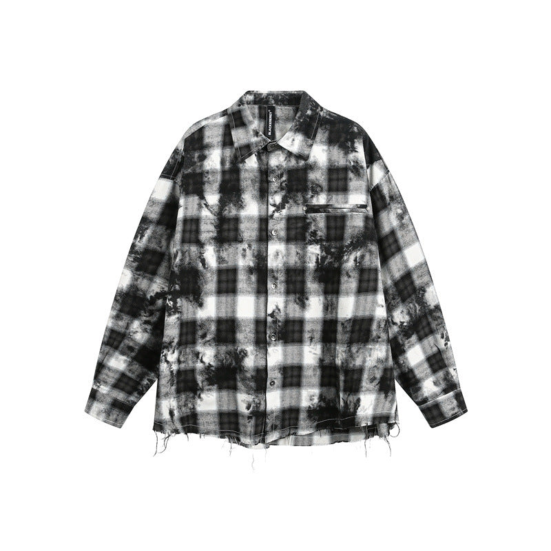 Men's Oversized Check Shirt Jacket with Frayed Hem and Chest Zip Pocket Mune Fashion