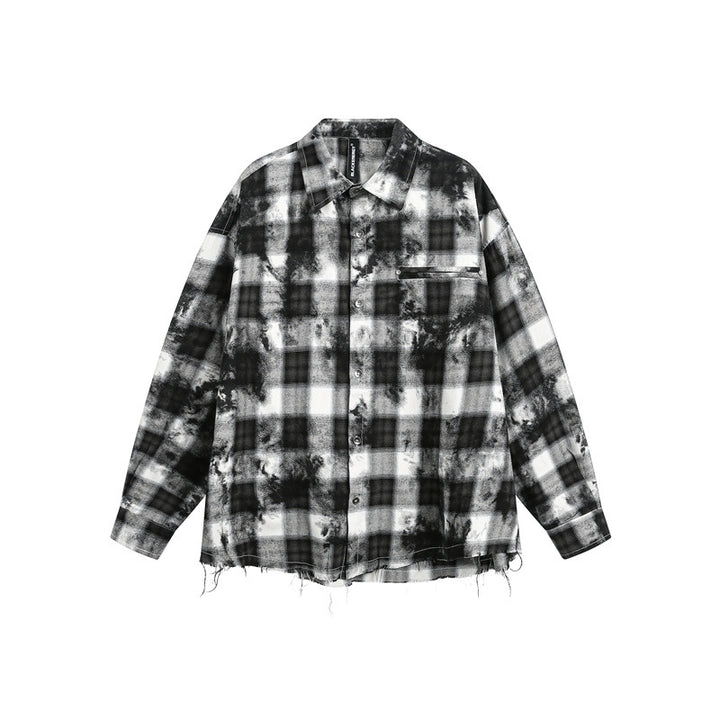 Men's Oversized Check Shirt Jacket with Frayed Hem and Chest Zip Pocket Mune Fashion