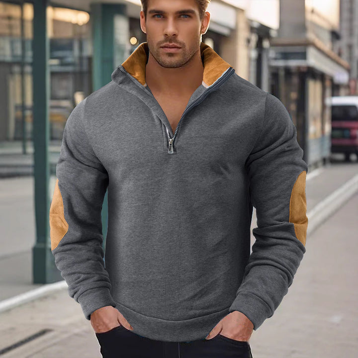 Men's short zip stand collar sweater with contrast collar and suede elbow patches Mune Fashion