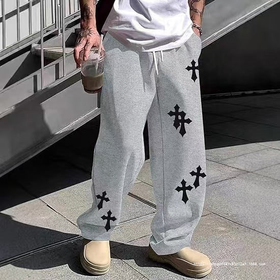 Men's Loose Sweatpants with Gothic Cross Print, Drawstring & Drop Crotch Mune Fashion