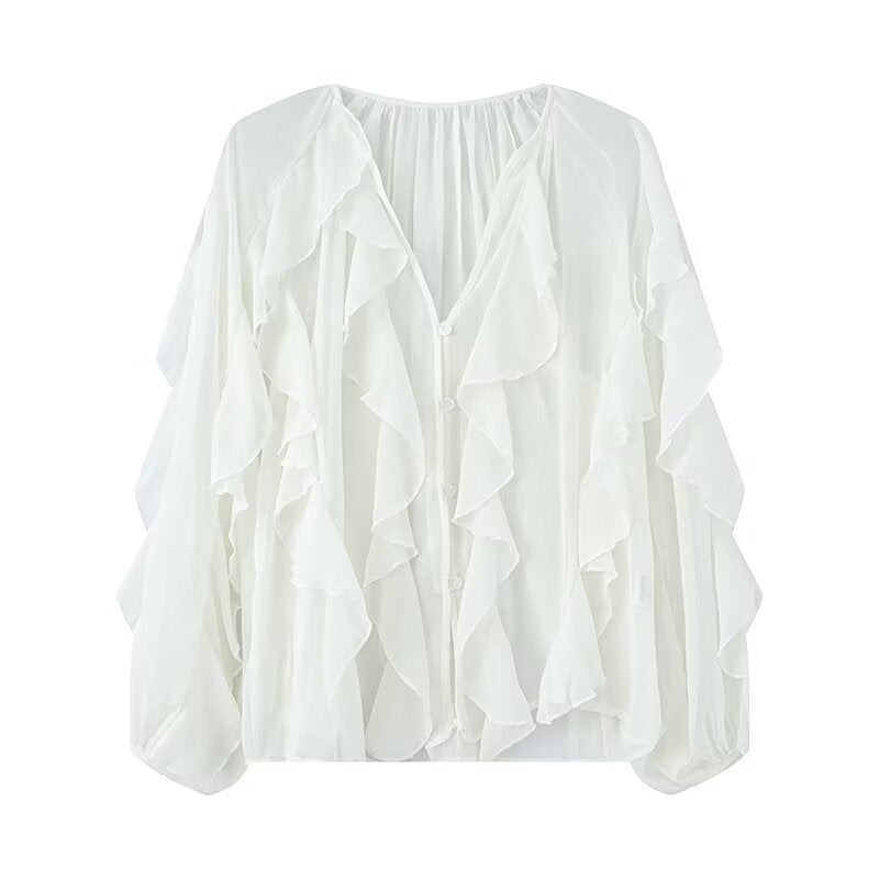 Women's Ruffle Chiffon Blouse with Button Placket, Gathered Neckline and Balloon Sleeves Mune Fashion