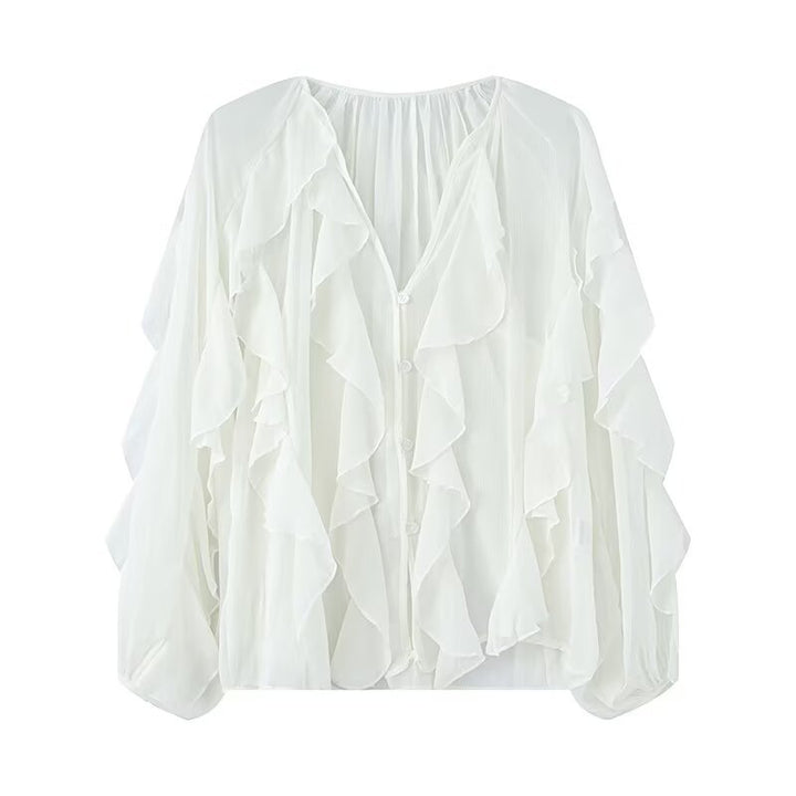Women's Ruffle Chiffon Blouse with Button Placket, Gathered Neckline and Balloon Sleeves Mune Fashion
