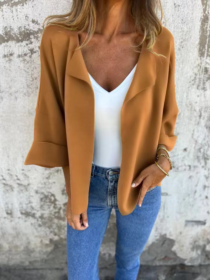 Women's light open knit cardigan with shawl collar, roll-up sleeves and boxy silhouette Mune Fashion