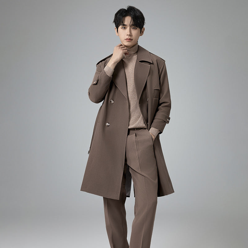 Men's Double-Breasted Trench Coat with Waist Belt and Classic Lapel Mune Fashion