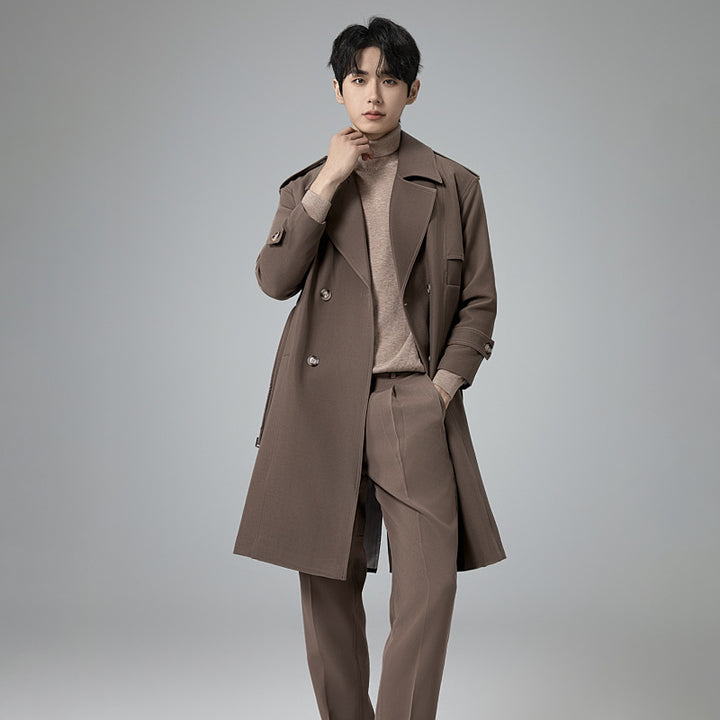 Men's Double-Breasted Trench Coat with Waist Belt and Classic Lapel Mune Fashion