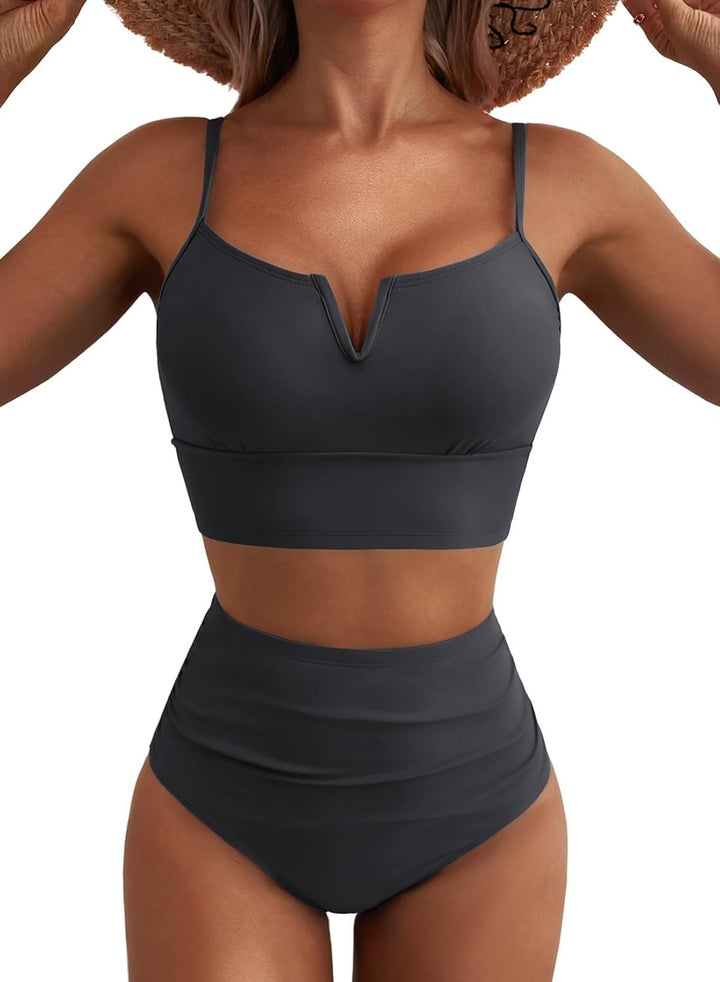 Women's High-Waisted Bikini Set with V-Neck and Wide Straps Mune Fashion