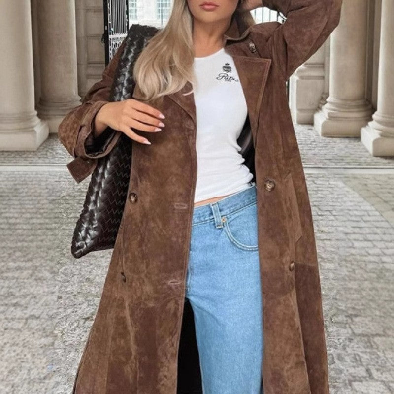Women's longer suede trench coat with waist belt Mune Fashion
