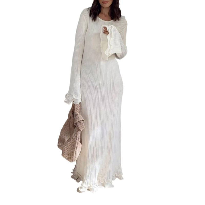 Women's Ribbed Maxi Dress with Long Sleeves, Ruffle Cuffs and Ruffle Hem Mune Fashion