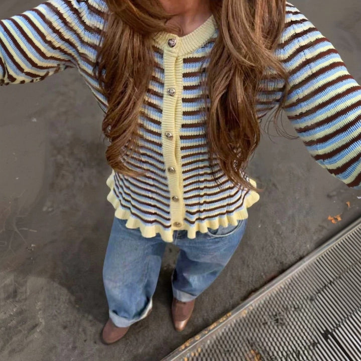 Women Ribbed Short Cardigan with Ruffle Cuffs & Statement Buttons Mune Fashion