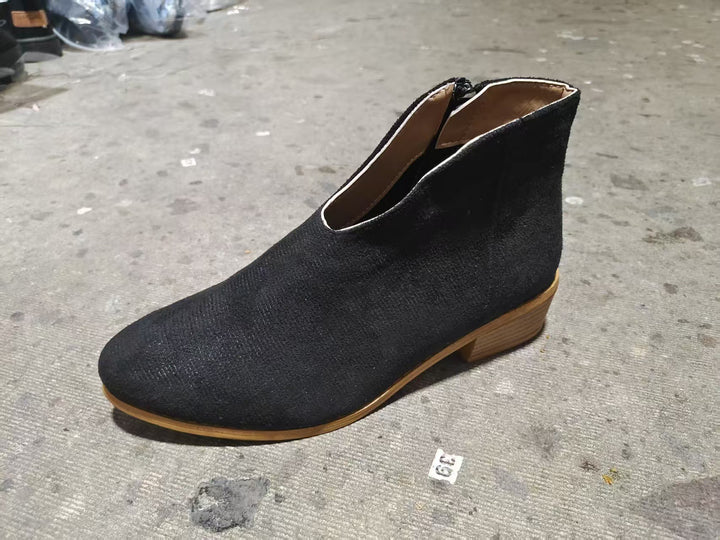 Women's short ankle boots made of suede imitation with V-neck and low wooden heel Mune Fashion
