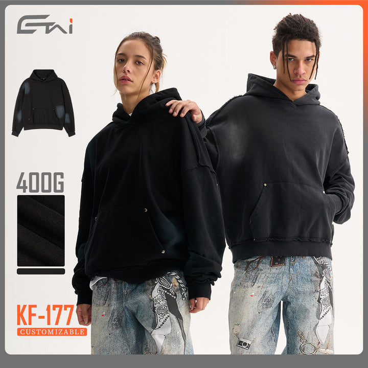 Men's Boxy Hoodie with Frayed Hem, Studded Kangaroo Pocket and Worn Spot Effect Mune Fashion