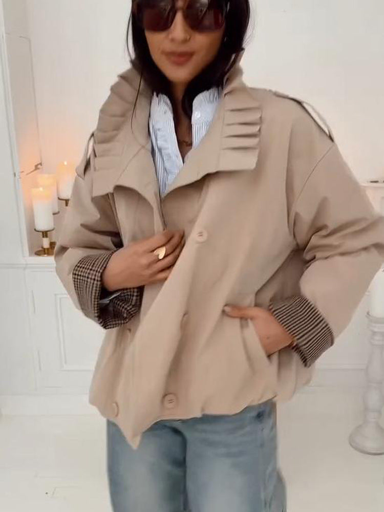 Women's Short Cut Boxy Utility Jacket with Pleated Collar and Check Inner Cuffs Mune Fashion