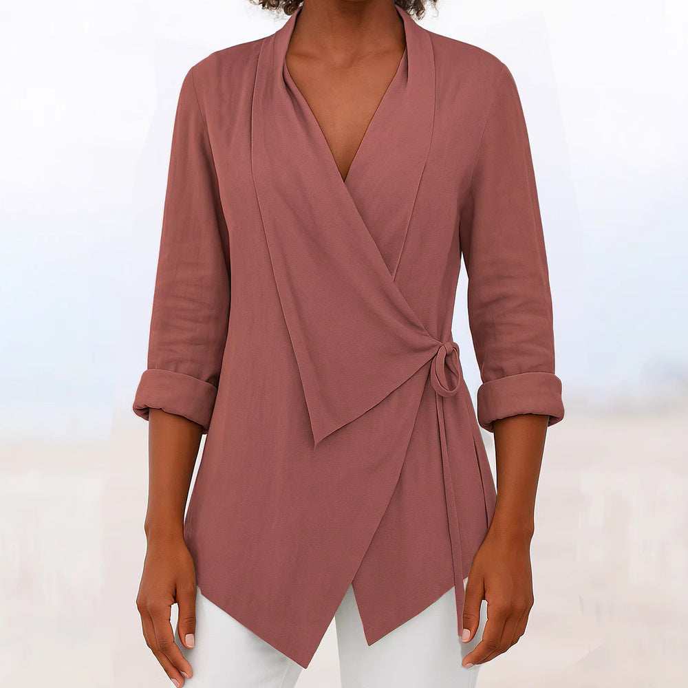 Women's Asymmetrical Wrap Blouse with Shawl Collar and 3/4 Sleeves Mune Fashion