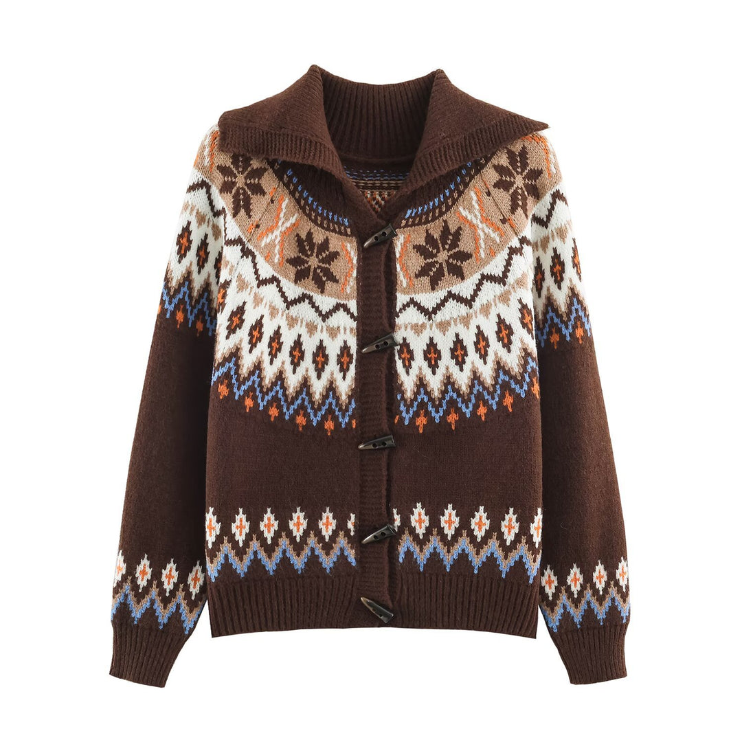 Women Chunky Knit Norwegian Cardigan with Shawl Collar and Horn Button Placket Mune Fashion