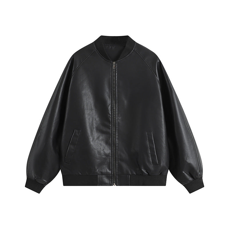 Men's Oversize Faux Leather Bomber Jacket with Raglan Sleeves, Zipper and Ribbed Cuffs Mune Fashion