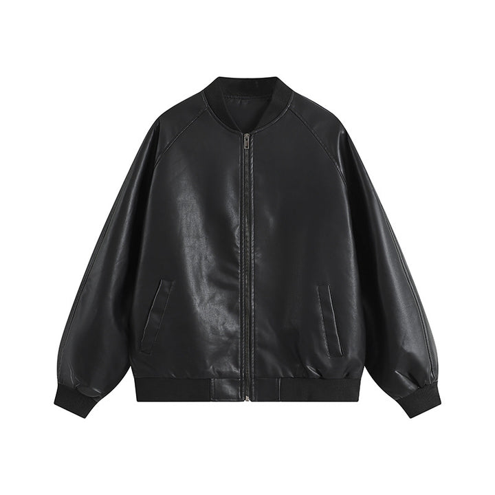 Men's Oversize Faux Leather Bomber Jacket with Raglan Sleeves, Zipper and Ribbed Cuffs Mune Fashion