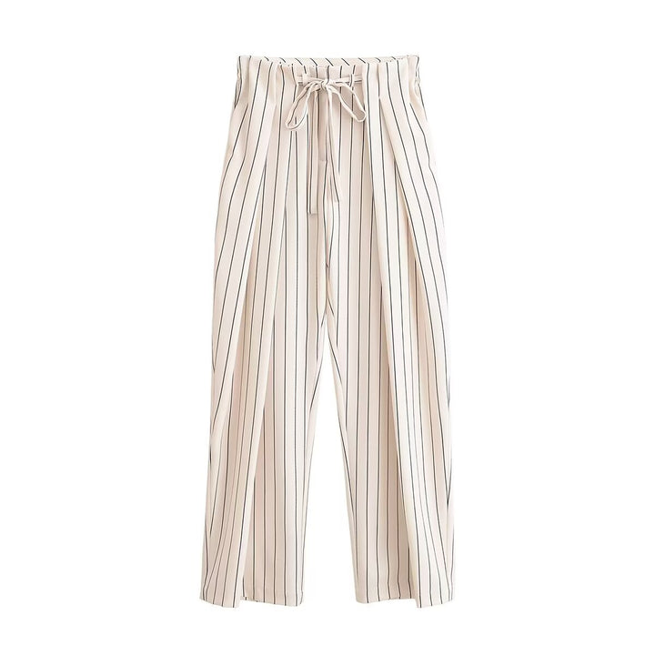 Women's High-waisted Wide Pleated Pants with Drawstring and Vertical Stripes Mune Fashion