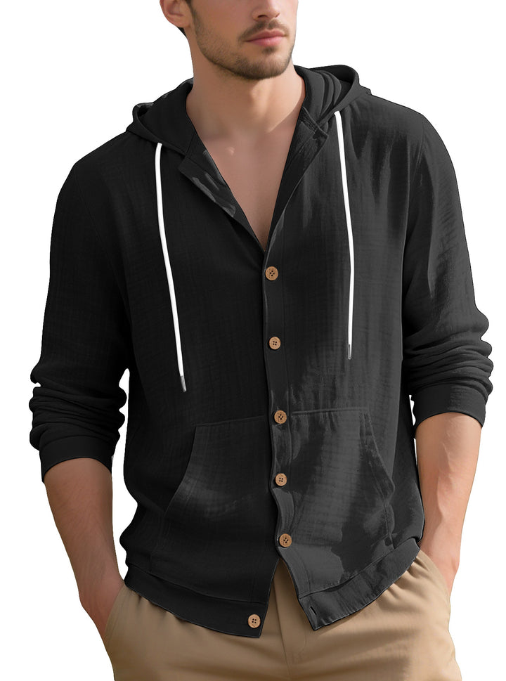 Men's lightweight hooded overshirt in crinkle look with wooden button placket and kangaroo pocket Mune Fashion