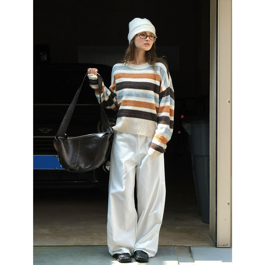Women's Oversized Chunky Knit Sweater with Block Stripes and Ribbed Hem Mune Fashion