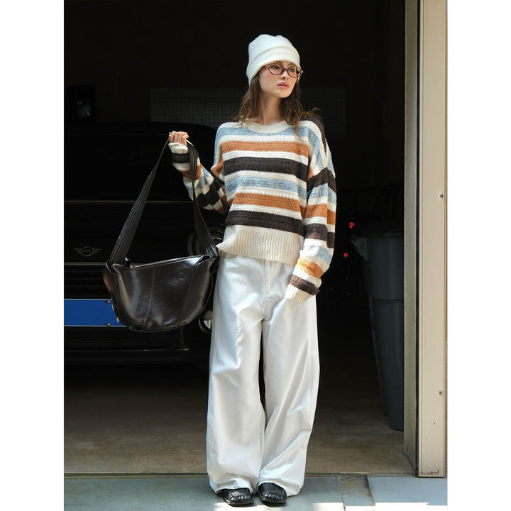 Women's Oversized Chunky Knit Sweater with Block Stripes and Ribbed Hem Mune Fashion