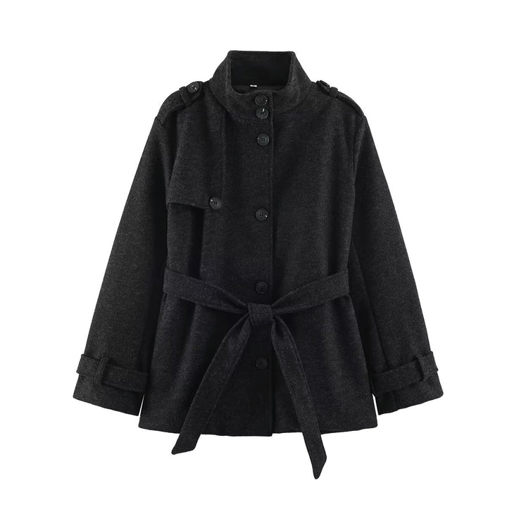 Women's short coat in trench style with tie belt, shoulder pads, and stand-up collar Drune