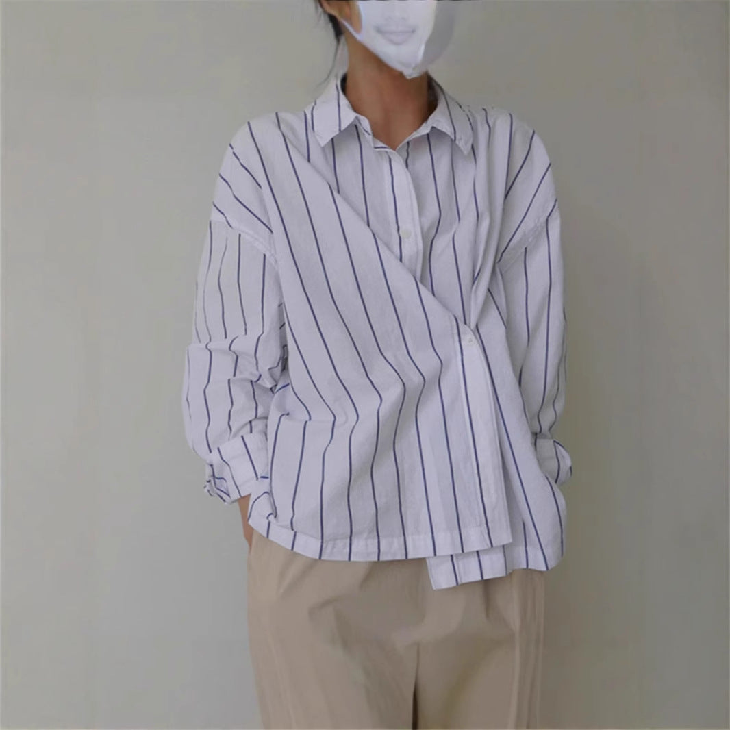 Women's oversized boxy shirt blouse made of linen-cotton blend with vertical pinstripe look and casual silhouette Mune Fashion