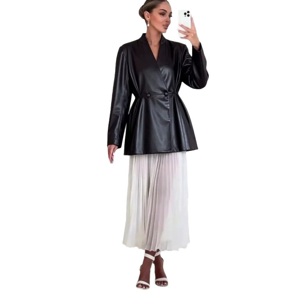 Women's Tailored Faux Leather Wrap Blazer with Flared Hem Mune Fashion