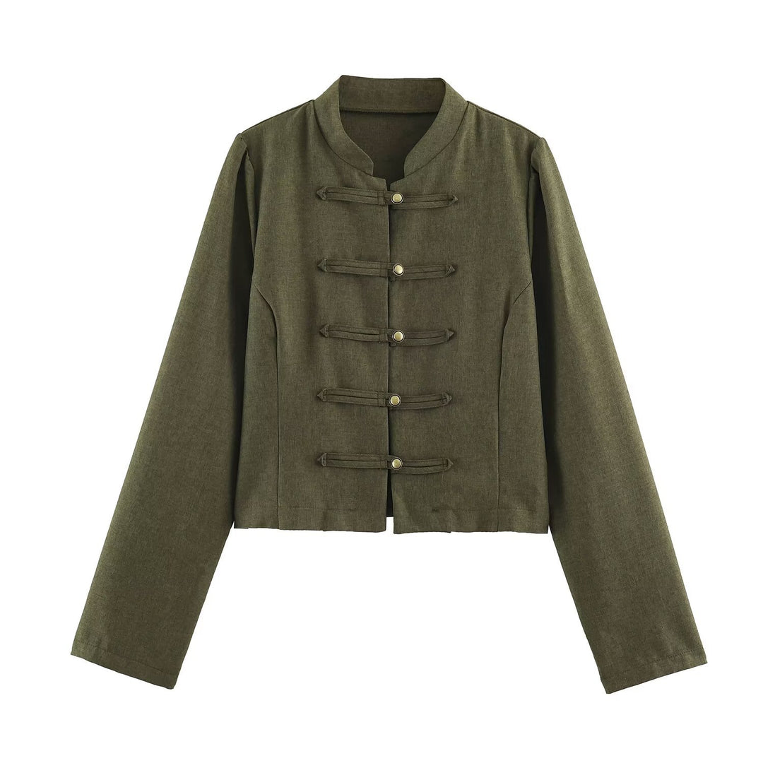 Women’s short jacket in Mandarin style with decorative toggle closures and tailored seam line Mune Fashion
