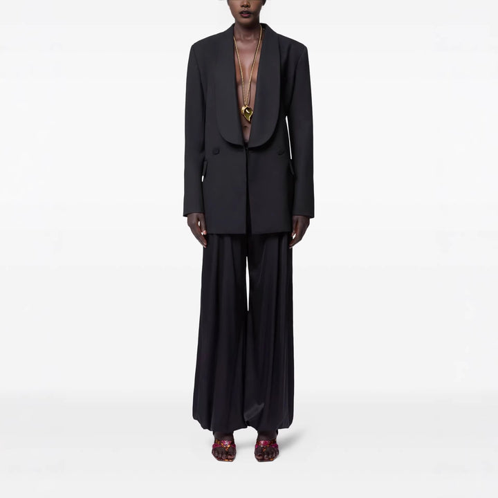 Women's Oversized Smoking Long Blazer with Deep Shawl Collar and Extended Shoulder Line Mune Fashion