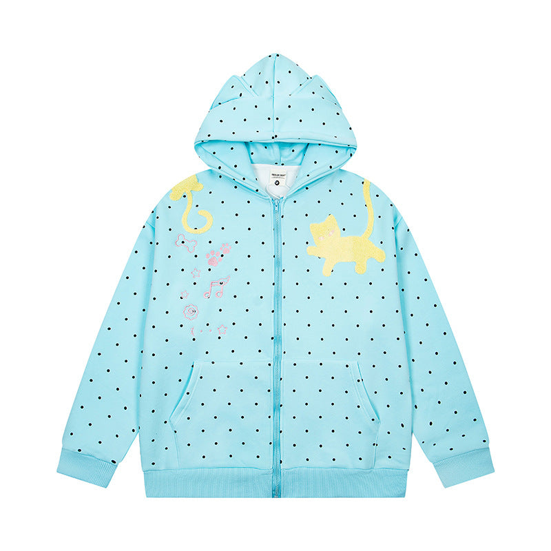 Women's hoodie sweatshirt jacket with cat ears, all-over polka dot and chenille cat applique Mune Fashion