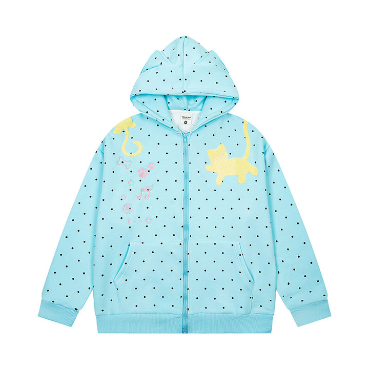 Women's hoodie sweatshirt jacket with cat ears, all-over polka dot and chenille cat applique Mune Fashion