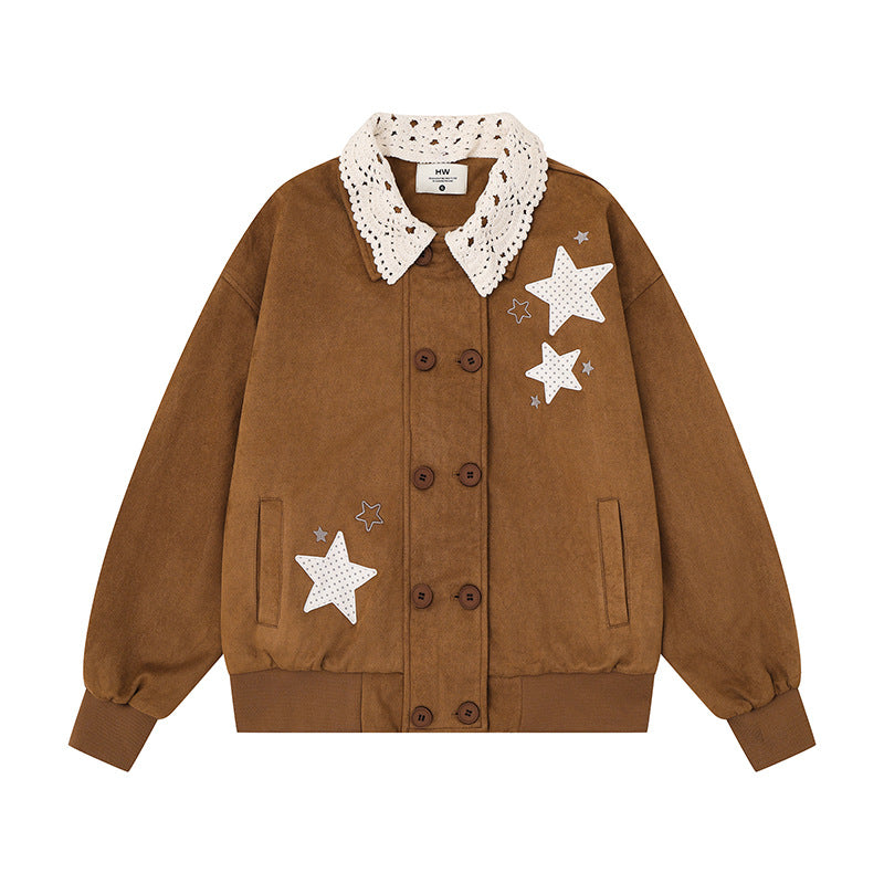 Women's buttoned oversized sweat jacket with crocheted collar and star appliqués Mune Fashion